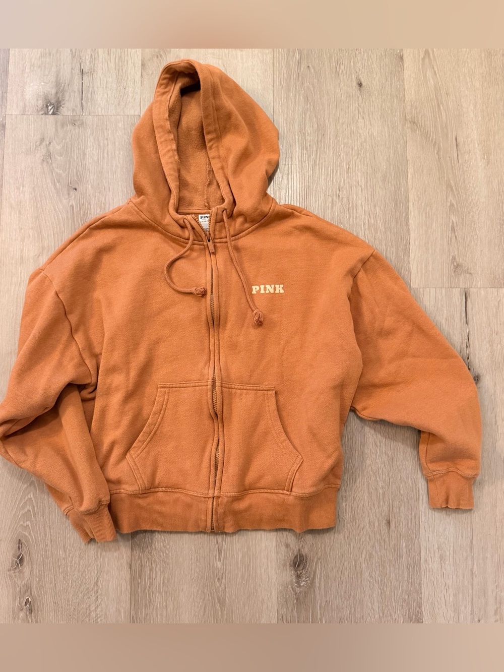 PINK Victoria Secret Ivy Fleece Campus Full Zip Hoodie S Orange Toffee Varsity